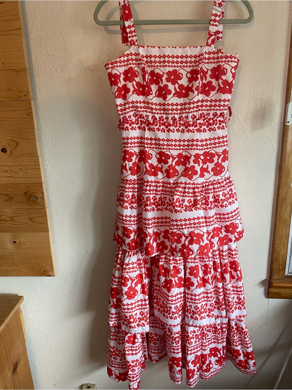 Aqua Red and White Floral Tiered Midi Dress
